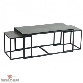 Lot de 3 tables basses aspect céramique grise et métal noir